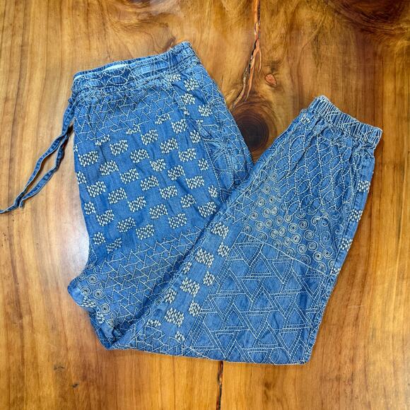 Biya Johnny Was Women's Pants L Drawstring Luisa Embroidered Tencel Boho F3-30 - Picture 1 of 7
